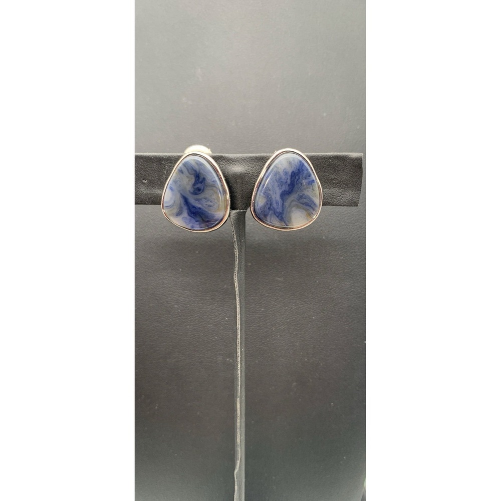 Silver Tone And Blue Swirl Clip On Earrings - Picture 3 of 4